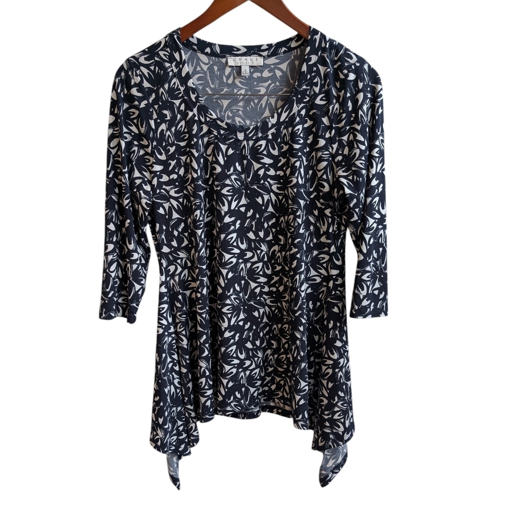 Chaus Navy White Asymmetrical Long Sleeve Stretch Jersey Blouse Size Small